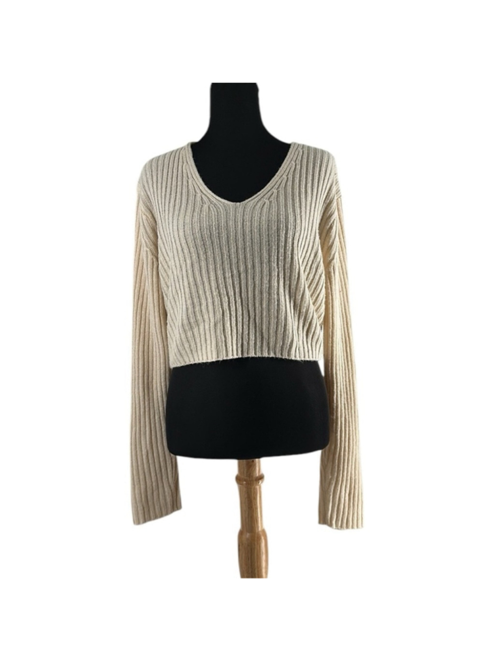 Oak + Fort ribbed sweater cropped open back with tie cram neutral sz xs